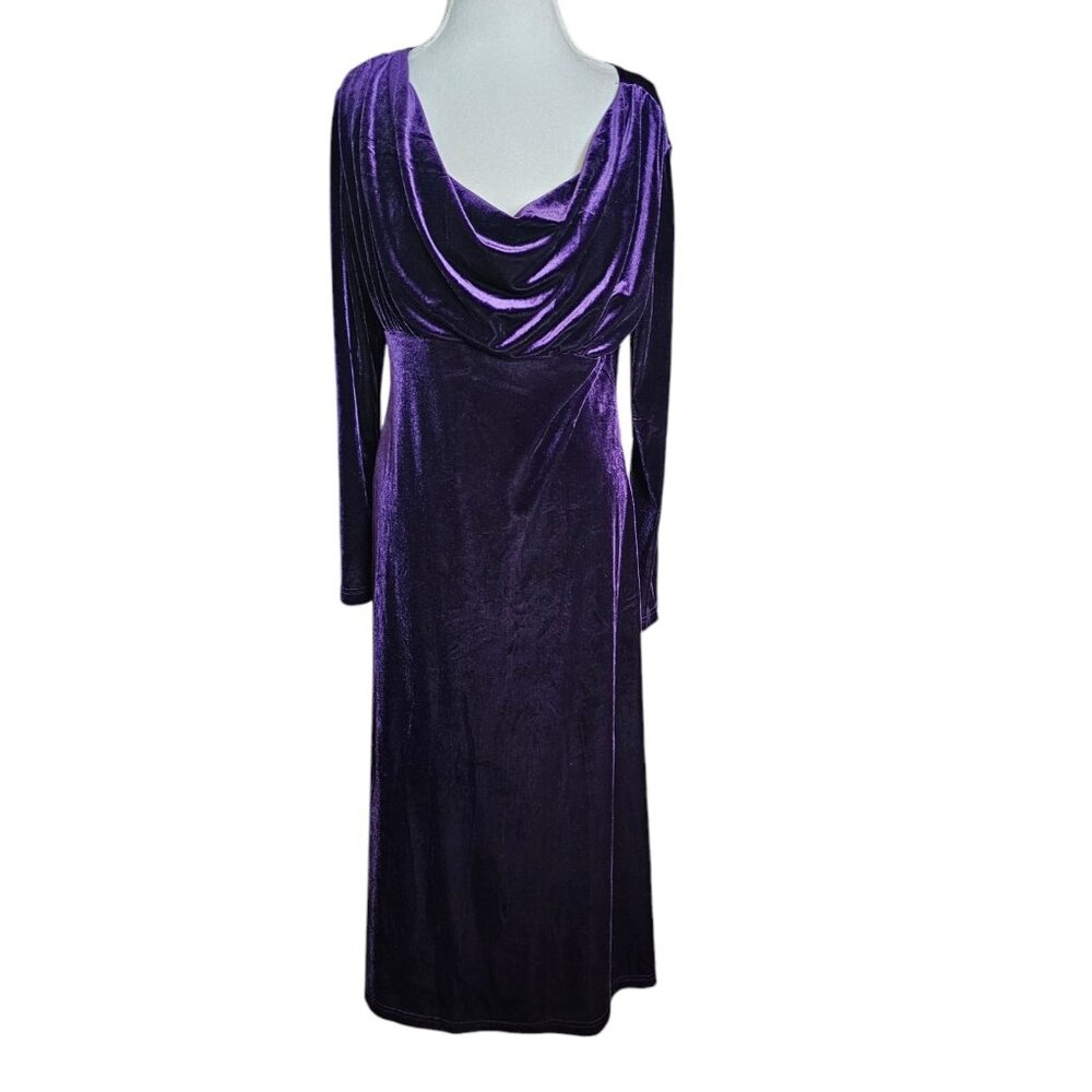 Y2K Velvet Maxi Babydoll Dress Longsleeve Cowlneck Stretchy‎ Purple Sz L Large
